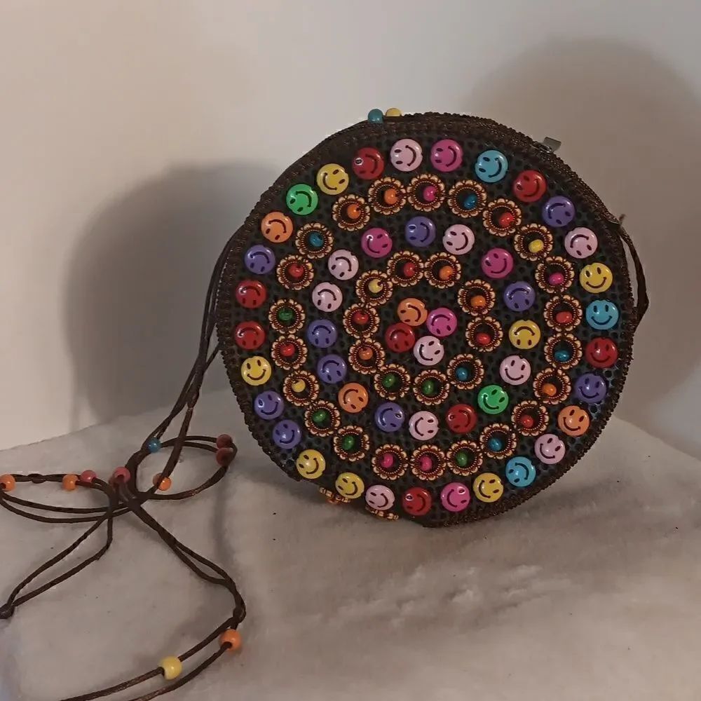 Round Beaded "Smiley" Crossbody Purse